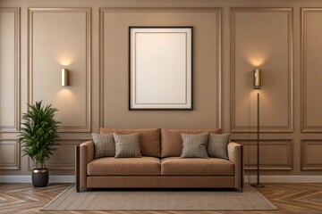 Frame mockup, Living room wall poster mockup in mocha mousse