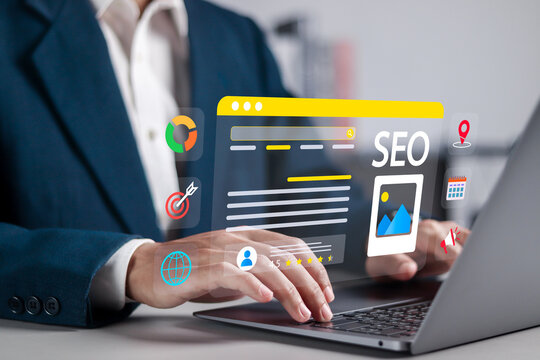 Web analytics and SEO marketing concept. Search engine optimize. SEO tool analysis of website ranking on search engine result page. Businessman using laptop with SEO analytics screen.