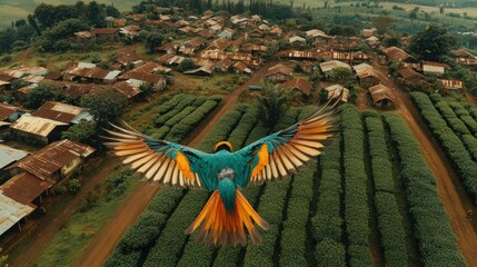 A Mauritius Kestrel diving for geckos over emerald tea plantations, rainbow refraction in its wing feathers, symbol of recovery from near-extinction 