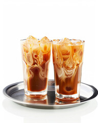 Two tall glasses of traditional Thai iced tea with milk on silver tray, showcasing refreshing and creamy appearance