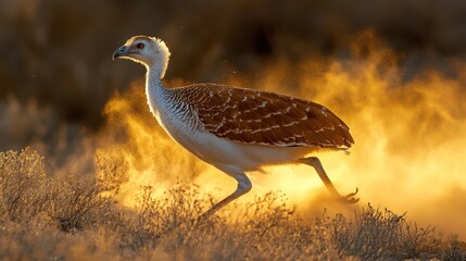 A regal Great Indian Bustard striding through arid grasslands of India, golden dust swirling around its legs, dramatic side lighting, critically endangered giant 