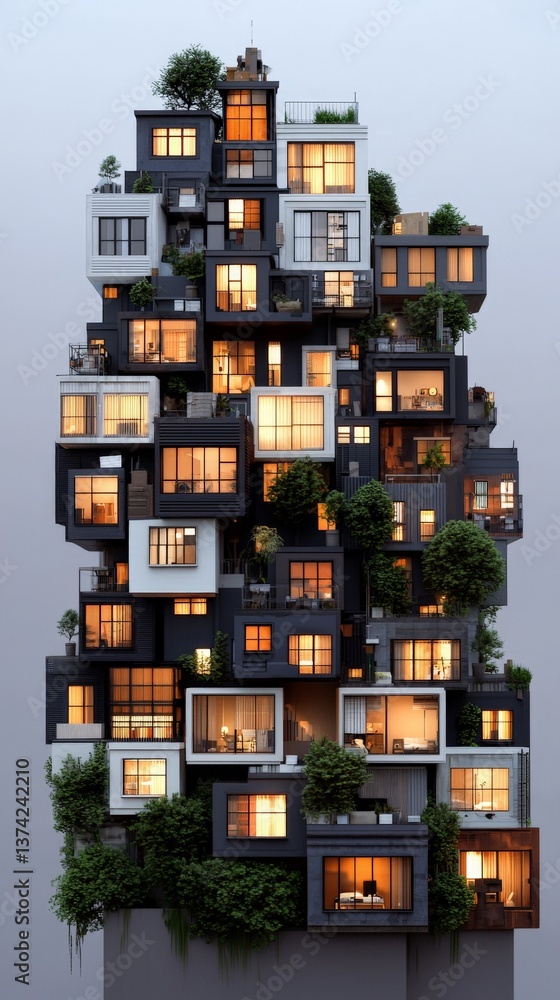 Poster tower of tiny digital avatars faces stacked in cityscape cube showing virtual community data represe