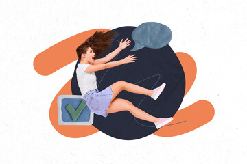 Creative full art collage of astonished girl fly checkmark approval symbol text box notification...