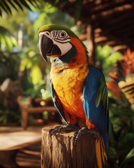 A colorful macaw standing on a wooden perch in a rainforest lodge, its intelligent eyes watching visitors with curiosity.