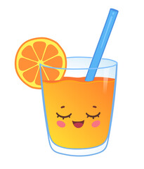 Vector illustration of a kawaii orange juice glass with smiling face, straw, and orange slice