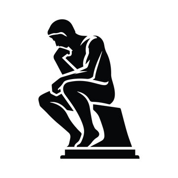 thinker statue icon, man sitting thoughtfully isolated silhouette