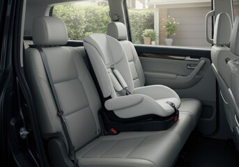 Minimalist white child car seat positioned in a spacious family minivan for safe travel