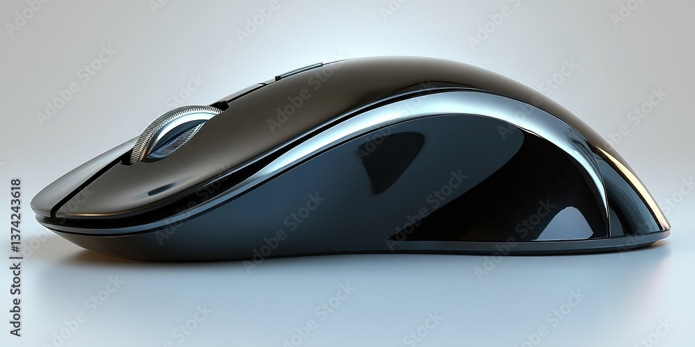 Poster modern computer mouse sits on a smooth surface showcasing its sleek, ergonomic design and glossy fin