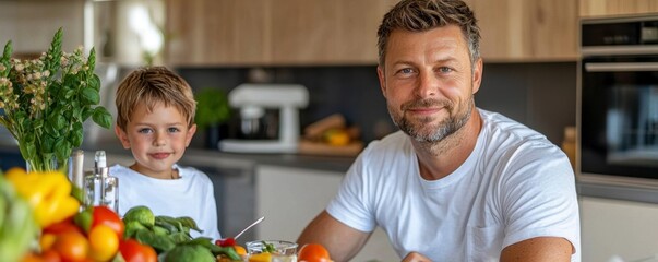 Fototapeta premium Healthy Eating with Family A Dad and Son Prepare a Fresh Salad Discover wholesome lifestyle choices, learn about nutrition, and explore delicious salad recipes Witness a heartwarming moment as father