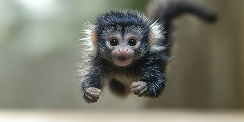 Fototapeta premium Cute monkey leaps playfully in lush green habitat during daylight hours in the wild