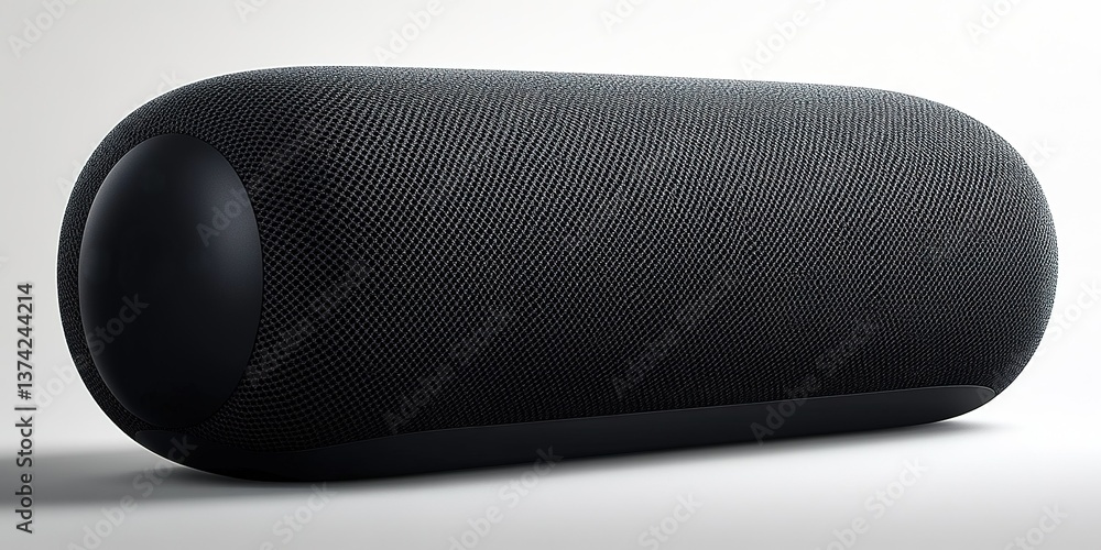 Poster modern wireless speaker design showcased on a clean surface emphasizes sleek aesthetics and function