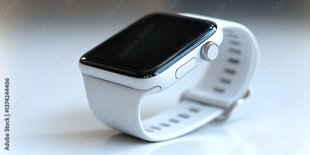 Poster smartwatch displayed on a surface with a sleek design and white strap, showcasing modern technology 