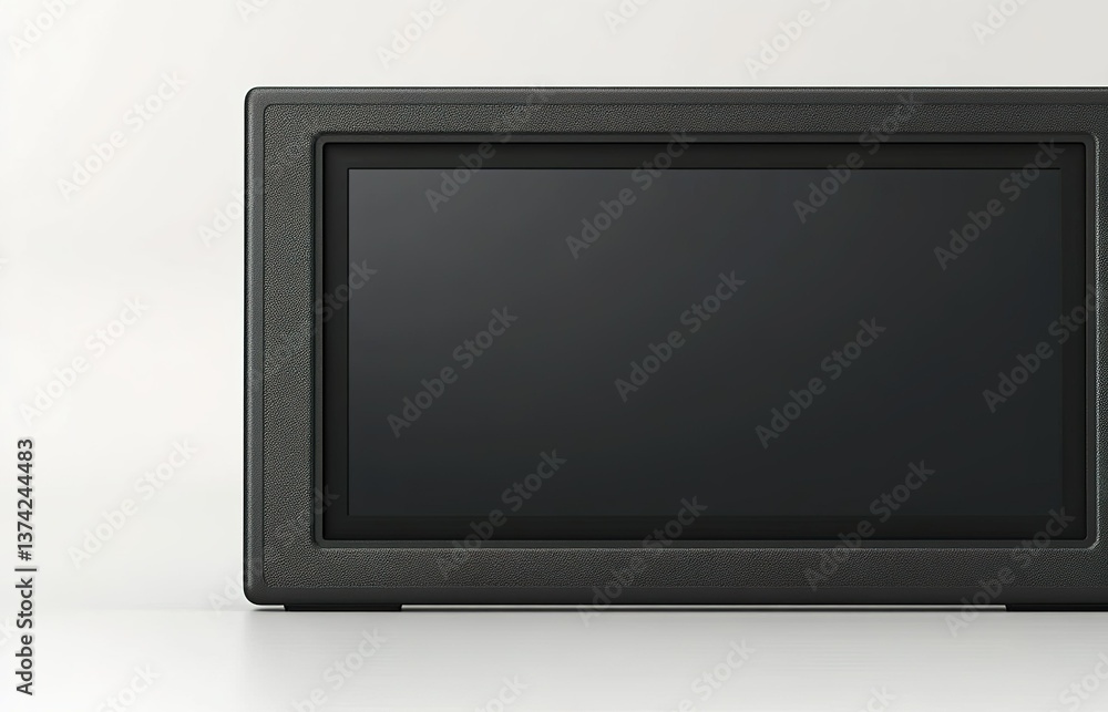 Poster black digital display screen positioned on a clean surface with neutral background in a modern setti