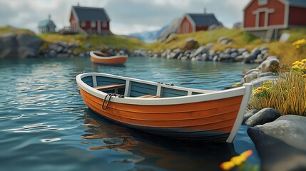 Obraz premium Peaceful Boat on Serene Water with Red Cabins in the Background