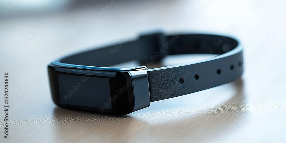 Poster smart fitness tracker resting on a wooden table highlighting its sleek design and functionality for 