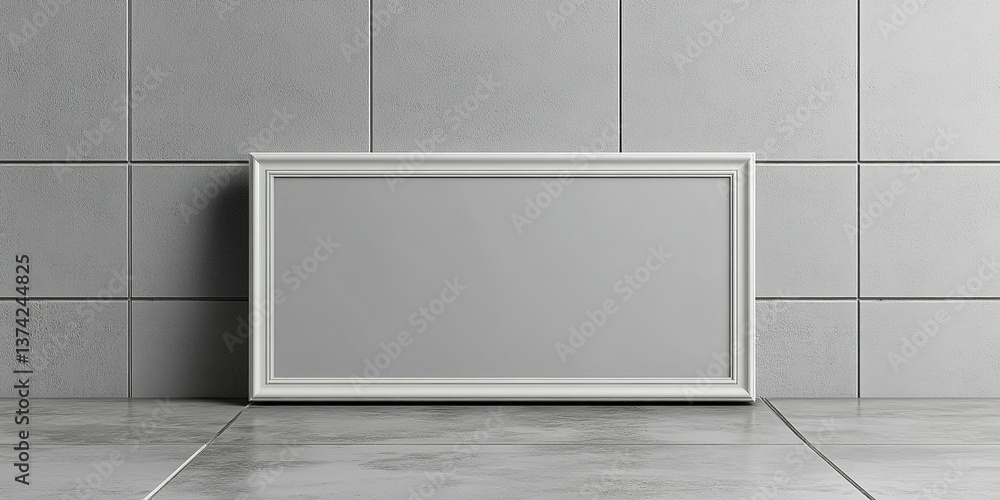 Poster simple grey wall with empty white frame positioned on tiled floor in a contemporary setting during d