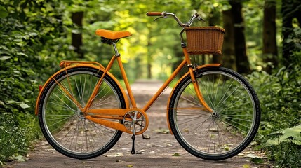 Fototapeta premium Vintage Orange Bicycle on a Scenic Pathway Surrounded by Nature