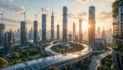 Futuristic eco-friendly cityscape featuring towering skyscrapers with sleek innovative designs, surrounded by lush greenery and advanced infrastructure
