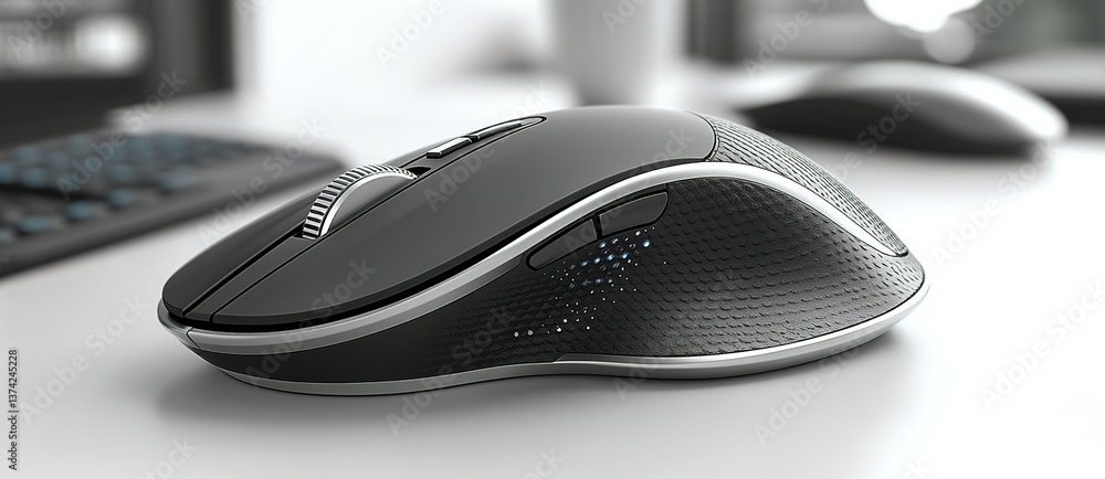 Poster high-tech wireless computer mouse on a sleek desk with a modern keyboard in the background