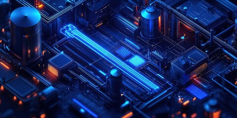 High-tech futuristic circuit board glowing with blue neon lights in a complex digital environment