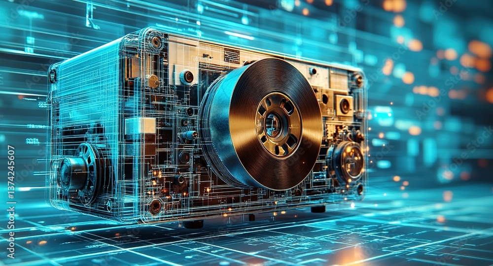 Poster digital representation of a vintage tape recorder with holographic elements in an abstract tech envi