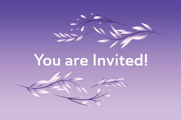 Obraz premium Invitation card with elegant purple floral elements on a gradient background. White text “You are Invited!” in a sophisticated style.