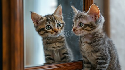 Mysterious Mirror Reflection, a mysterious mirror reflection revealing hidden truths, creating a surreal contrast through a mysterious mirror reflection Curious kitten gazing at its fake reflection.