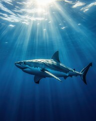 Fototapeta premium Majestic great white shark swimming gracefully in the deep blue ocean with sun rays penetrating the water column