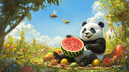 Happy Panda Enjoying Picnic in Lush Green Meadow Under Blue Sky Illustration 