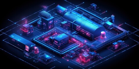 Futuristic industrial facility with neon lighting and digital elements in a dark environment