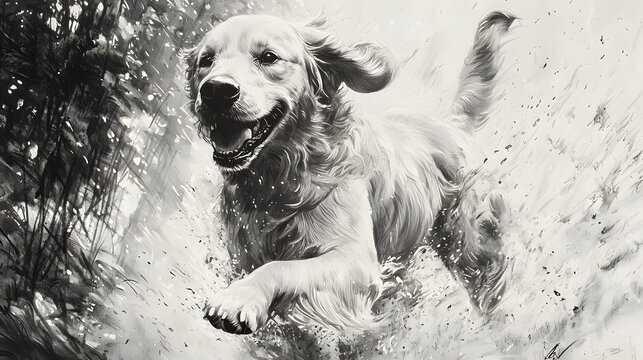 Golden Retriever running through water, playful splash