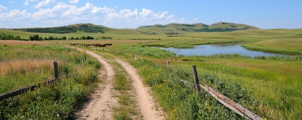 Scenic View of the Flint Hills Region in Kansas Featuring a Dirt Road Leading Towards Rolling Hills and a Small Pond Reflecting the Sky, Ideal for Travel, Nature, and Landscape Photography