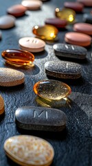 Mixed colored stones arranged like medical capsules on dark background forming abstract concept between natural materials and pharmaceutical symbolism in modern health metaphor