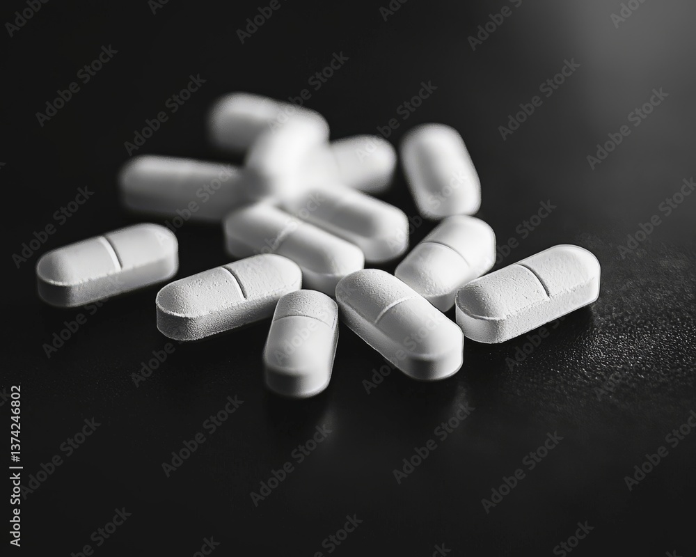Poster flatlay of white capsules in organized pattern on dark background creating minimalist medical concep