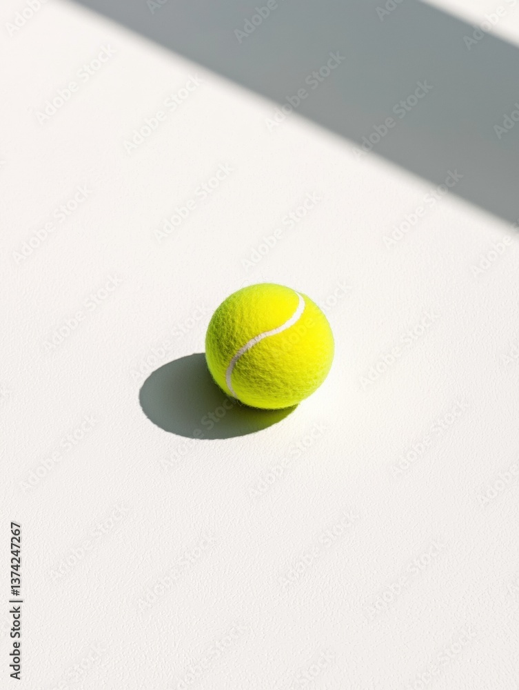 Poster close-up of a yellow tennis ball on a white surface. the ball is in the center of the image and is p