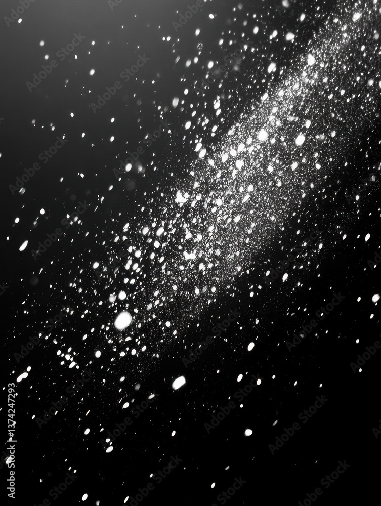 Poster ethereal monochrome galaxy of scattered stardust and celestial particles against a dark cosmic backg