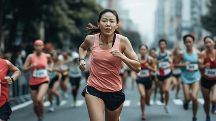 Determined Asian female runner competing in a marathon with a diverse group of participants in an urban setting.