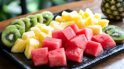 A refreshing fruit platter with slices of watermelon, pineapple chunks, and kiwi, perfect for a healthy afternoon snack.