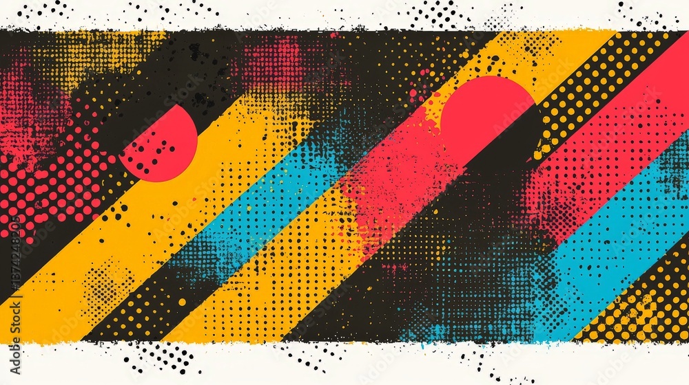 Poster diagonal abstract colorful stripes in offset print style on textured canvas symbolizing graphic laye