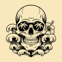 Skull with Palm Tree Reflection and Ocean Waves Illustration
