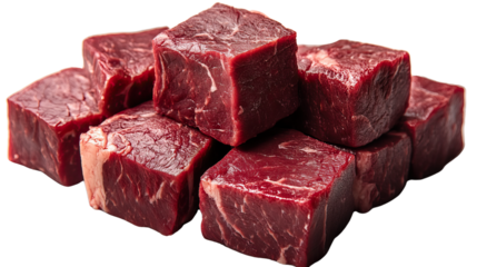 Fresh Cut Cubes of Beef: A close-up shot showcases several raw, vibrant red cubes of beef, perfectly portioned and ready for culinary use. Highlighting the texture, freshness and quality.