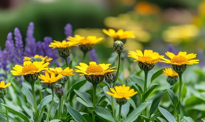 Obraz premium Vibrant yellow flowers amidst lush greenery in a sunny garden setting.