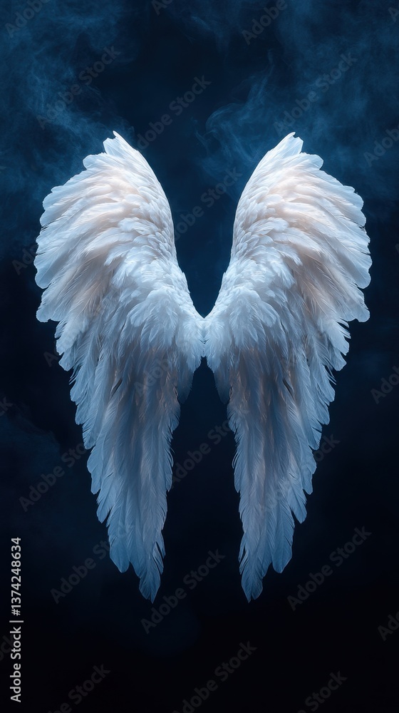 Poster ethereal angel wings floating in a dark blue misty background creating a spiritual and heavenly mood