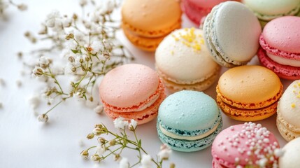 Fototapeta premium Colorful macarons gypsophila flowers. Generative AI