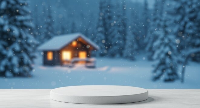 Winter product display podium with snowy cabin backdrop for festive promotion