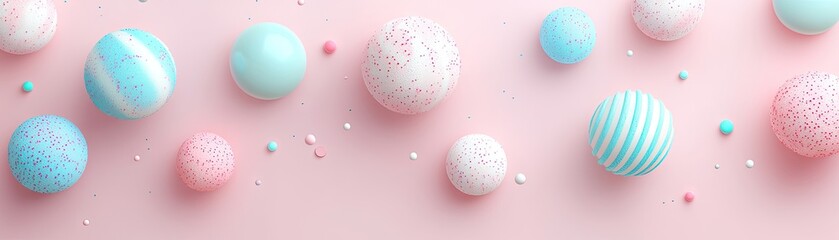 Pastel spheres float on pink; confetti background; product display