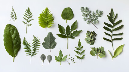 A collection of various green leaves are arranged in a row on a white background