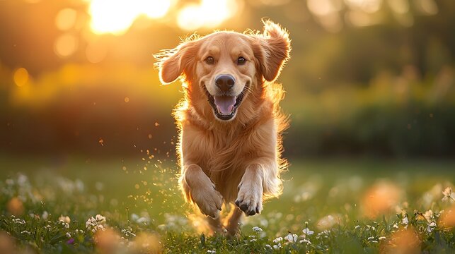 Golden Retriever running towards sunset in meadow