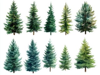 Obraz premium Watercolor Illustration of Evergreen Trees Collection Spruce Fir Pine Isolated on White Background Forest Coniferous Plants for Christmas Decoration