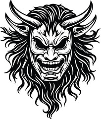 Detailed black and white illustration of a demonic face with exaggerated features, long flowing hair, pointed ears, large curved horns, and an intense grin on transparent background